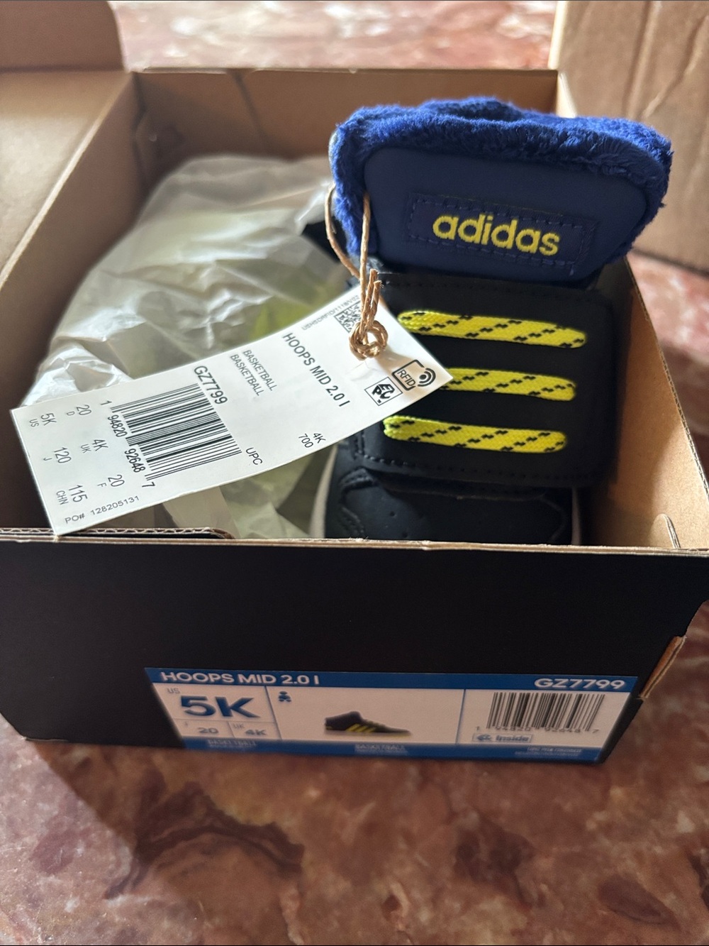 adidas Kids Hoops Mid 2.0 Black with Blue and Yellow Accents